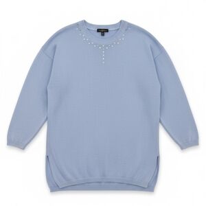 Vintage 80s Jewel Neck Sweater Knit Pullover Soft Blue Embellished Tunic